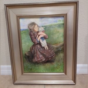 Vintage Oil Painting Girl Hugging Doll in Canvas Signed by Artist